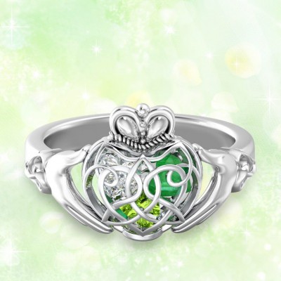S925 Sterling Silver Personalised Caged Hearts Celtic Claddagh Ring with 1-6 Birthstones