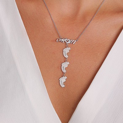 Silver Personalised MoM Heart Engraved Name Necklaces With 1-10 Baby Feet Charms