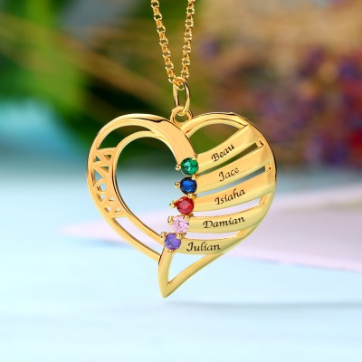 Personalized Heart Love Shape 1-6 Engraved Names and Birthstones Necklaces