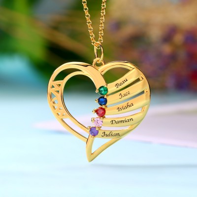 Personalised Heart Love Shape 1-6 Engraved Names and Birthstones Necklaces