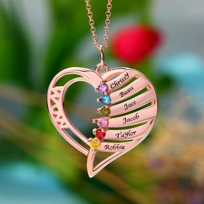 Personalised Heart Love Shape 1-6 Engraved Name Necklace With Birthstone