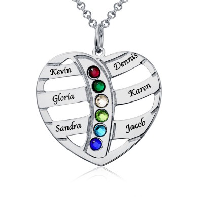 Personalized Heart Love Shape Engraved 1-6 Birthstone and Name Necklace