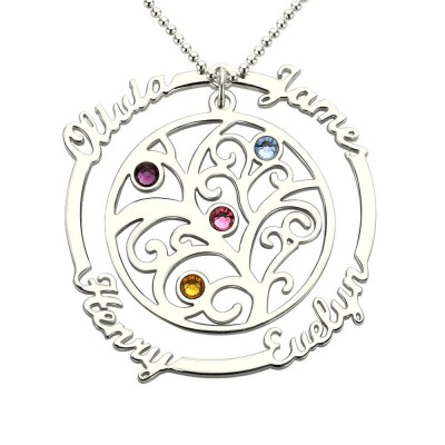 Personalised Tree-Design Family Necklace With 1-4 Names And Birthstones