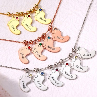 Personalised 1-6 Baby Feet Engravable Charms Name Necklace With Birthstone