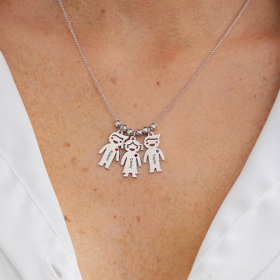 Silver Personalised Family 1-10 Kids Charms Name Engraved Necklace With Birthstone