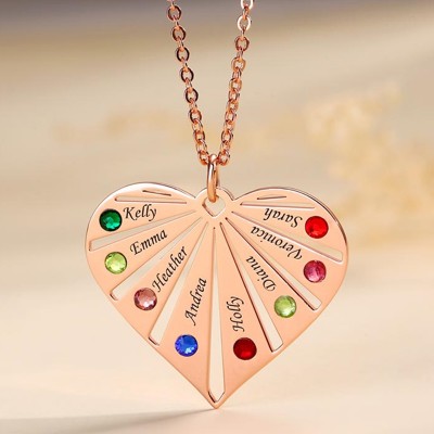 Personalised 1-8 Engraving Family Name Heart Necklace With Birthstone