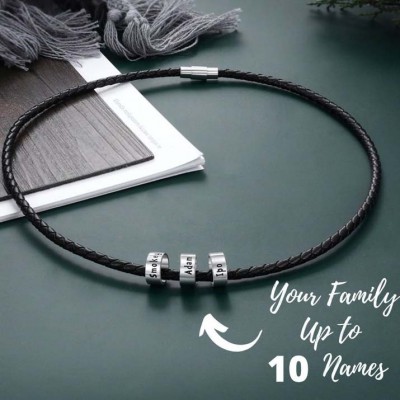 Men's Braid Personalised Name Engraving Leather Necklaces With 1-10 Beads