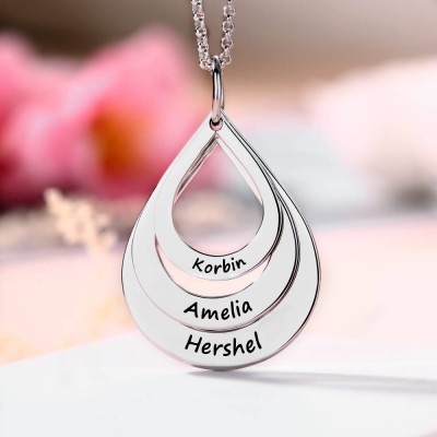 Silver Personalized Engraved Family Names Necklace Up To 5 Drops Shaped