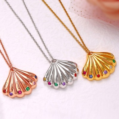 Siver Personalised Shell Shape Pendant Names Necklace With 1-9 Birthstones and Engravings