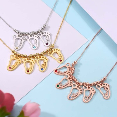 Silver Personalised 1-10 Hollow BabyFeet Charms Name Necklace With Birthstone