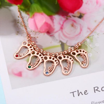 Personalised 1-10 Hollow BabyFeet Charms Name Necklace With Birthstone