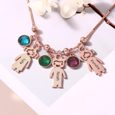 Personalised 1-12 Kids Charms Pendants Names Engraved Necklace With Birthstone