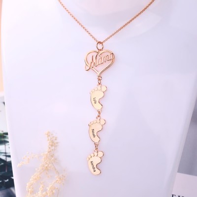 18K Rose Gold Plating Personalised Love MaMa Heart 1-10 Baby Feet Charms Name Necklace