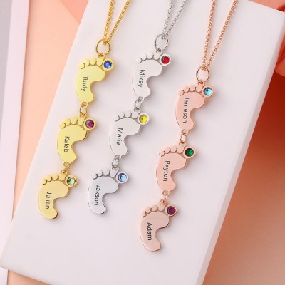 Silver Vertical 1-10 Baby Feet Charms Personalized Name Necklace with Birthstone