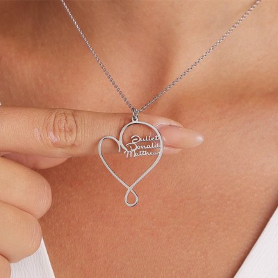 Silver Personalized Hug and Love Heart Names Necklace With 1-8 Names