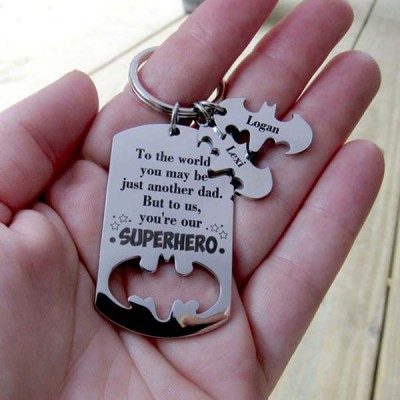 Custom Batman Keychain With1-12 Names Engraved Father's Day Gift To the World You Are Just a Dad But To Us You Are a Superhero