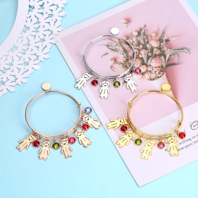 18K Rose Gold Plating Personalised Birthstone Bangle Bracelet With 1-12 Name Engraved on Kid Charm