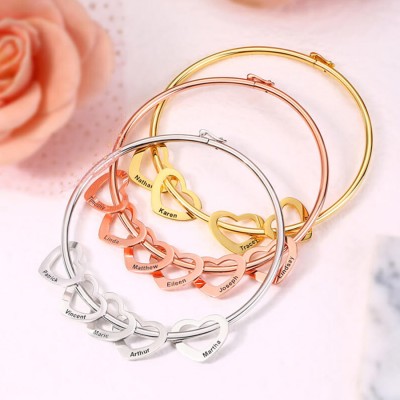 Customized Personalized Heart Name Engraving Bangle Bracelet with 1-15 Heart Shape Pendants