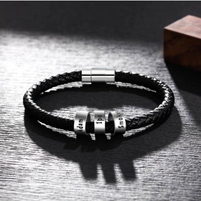 Personalized Black Engraving Leather Bracelet With 1-10 Beads 