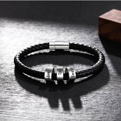 Personalised Black Engraving Leather Bracelet With 1-10 Beads 