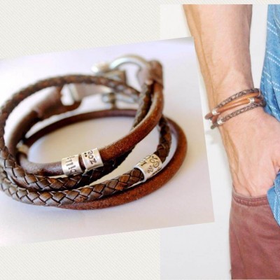 Mens Personalised Wrapped Name Leather Bracelets With 1-10 Beads