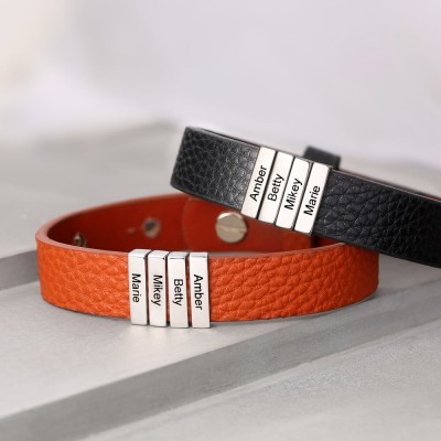 Personalised Dad And Children's 1-11 Name Engraving Bead Leather Black Bracelet