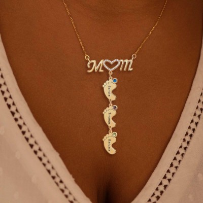 Personalised Mum BabyFeet Name Birthstones Necklace With 1-10 Charms Pendants