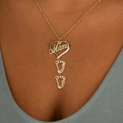 Personalised Mama Heart Pendant Birthstones Name Necklace with 1-10 Hollow BabyFeet Charms