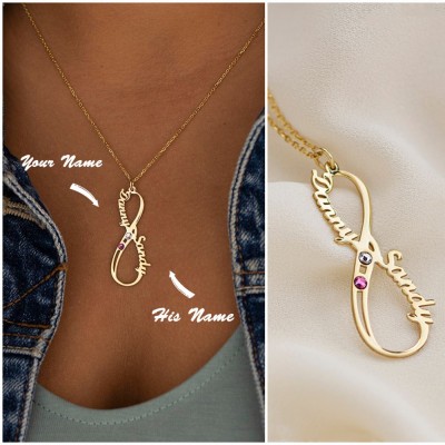 Personalised Valentine's Day Gifts Infinity 2 Names Necklace With Birthstones