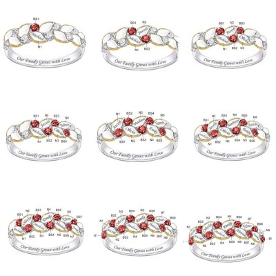 S925 Silver Personalised Heart Birthstone Ring Family Ring Gift With 1-9 Names
