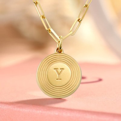 18K Gold Plating Personalised Engraved Initial Round Pendant Link Chain Necklace Layering Charms Gift For Her