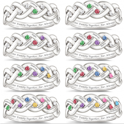 S925 Silver Personalised Engraved 1-8 Family Names and Birthstones Ring For Mother's Day Gifts