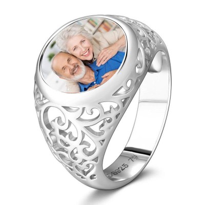 S925 Sterling Silver Round Personalized Photo Ring Anniversary Gifts