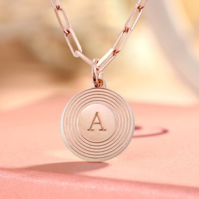 18K Rose Gold Plating Personalised Engraved Initial Round Pendant Link Chain Necklace Layering Charms Gift For Her