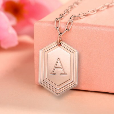 18K Rose Gold Plating Personalized Engraved Initial Pendant Link Chain Necklace Layering Charms Gift For Her