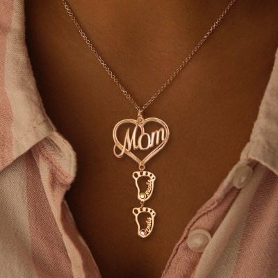 Personalised MOM Heart Pendant Birthstones Name Necklace with 1-10 Hollow BabyFeet Charms