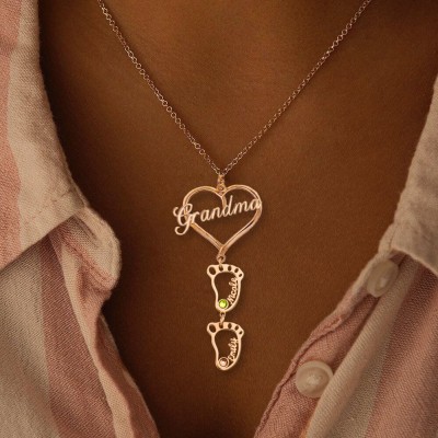 Silver Personalized Grandma Heart Pendant 1-10 Hollow BabyFeet Charm Birthstone Name Necklace