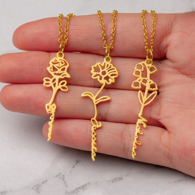 Personalised Floral Name Necklace with Birth Flower Gift For Her