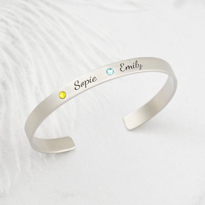 Personalised Mum Grandma Cuff Kids Name Bracelet With Birthstone Christmas Gift