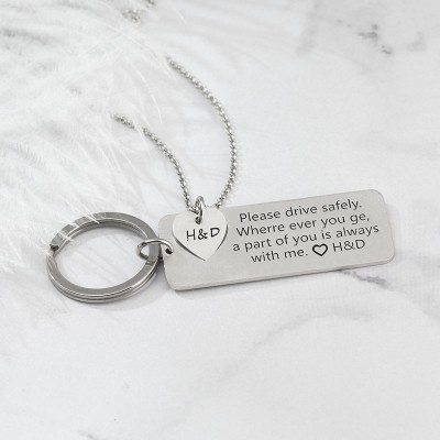 Drive Safe Personalised Necklace and Keychain Set For Couples Boyfriend 