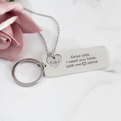 Drive Safe Personalized Necklace and Keychain Set For Couples Boyfriend 