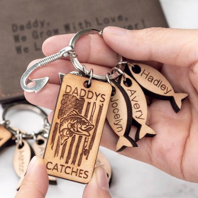 Father's Day Gift Personalised 1-10 Name Engraved Fishing Keychain Daddy Dad Grampa's Keepers