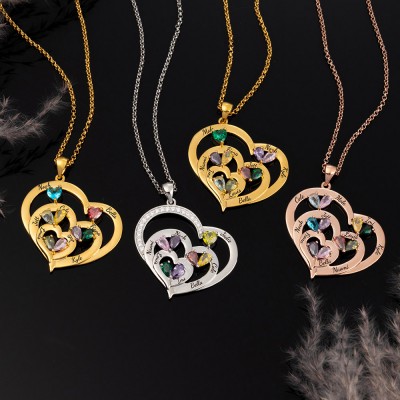 Custom Heart Necklace With 1-10 Name and Birthstones For Mother's Day Christmas Gift Ideas