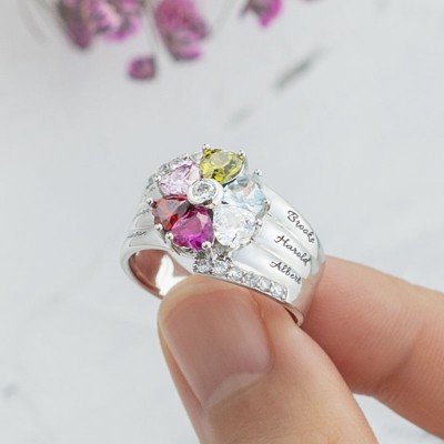 S925 Silver Personalized Engraved Heart-Shaped Birthstones Ring with 1-8 Names