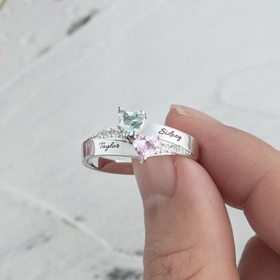 S925 Silver Personalized Engraved Heart-Shaped Birthstones Ring with 1-8 Names