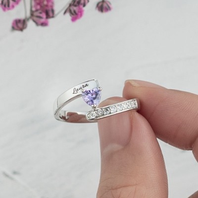 S925 Silver Personalised Engraved Heart-Shaped Birthstones Ring with 1-8 Names