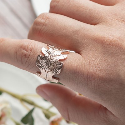 18K Rose Gold Plated Ring OAK Leaf Vintage Style