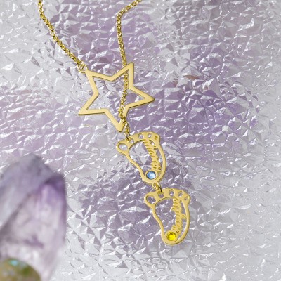 Personalised Baby Feet Charms Name Necklace With Birthstone For Mum Christmas's Day