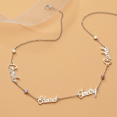 Silver Personalized Name Necklace With 1-6 Names and Birthstones