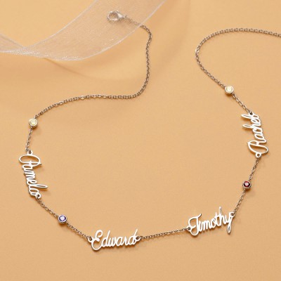 Silver Personalised Name Necklace With 1-6 Names and Birthstones